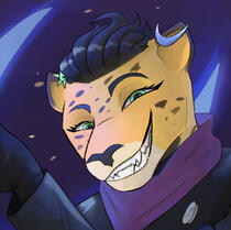 Derek, a jaguar that works as a musician, smiling down at the camera with a cropped crescent moon behind his head