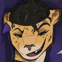 Derek, a jaguar that works as a musician, smiling down at the camera with a cropped crescent moon behind his head